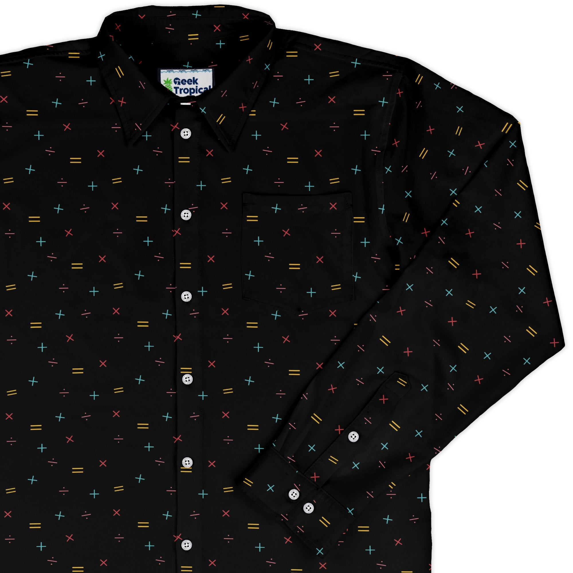 Math Symbols Black Long Sleeve Button Up Shirt Geek Nerd adult sizing FLOW DESC WRITING mathematics print