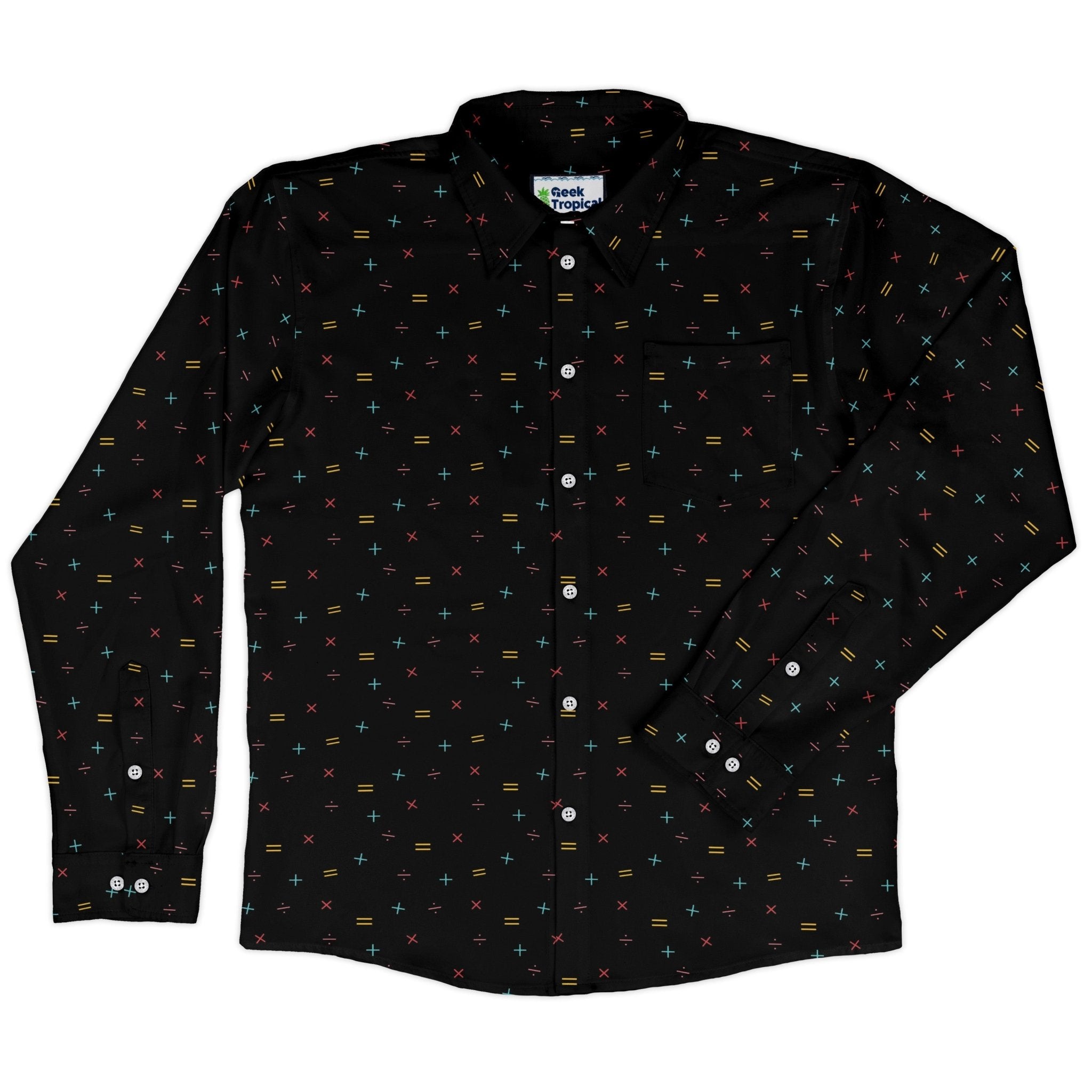 Math Symbols Black Long Sleeve Button Up Shirt Geek Nerd adult sizing FLOW DESC WRITING mathematics print