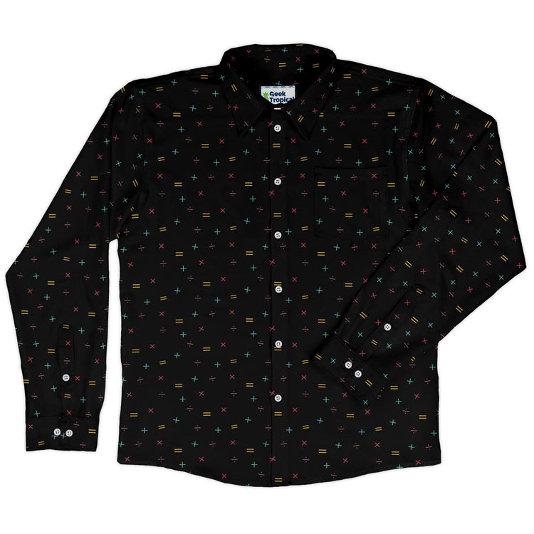 Math Symbols Black Long Sleeve Button Up Shirt Geek Nerd adult sizing FLOW DESC WRITING mathematics print