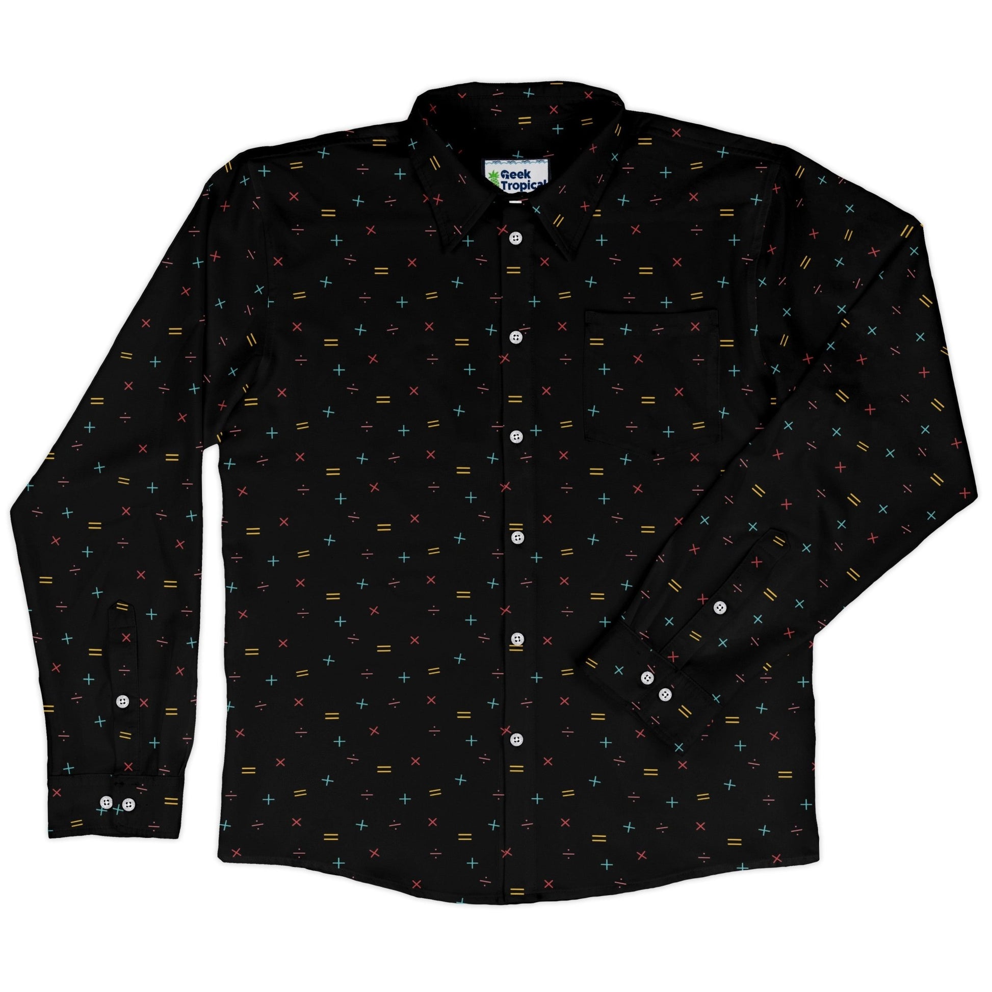 Math Symbols Black Long Sleeve Button Up Shirt Geek Nerd adult sizing FLOW DESC WRITING mathematics print