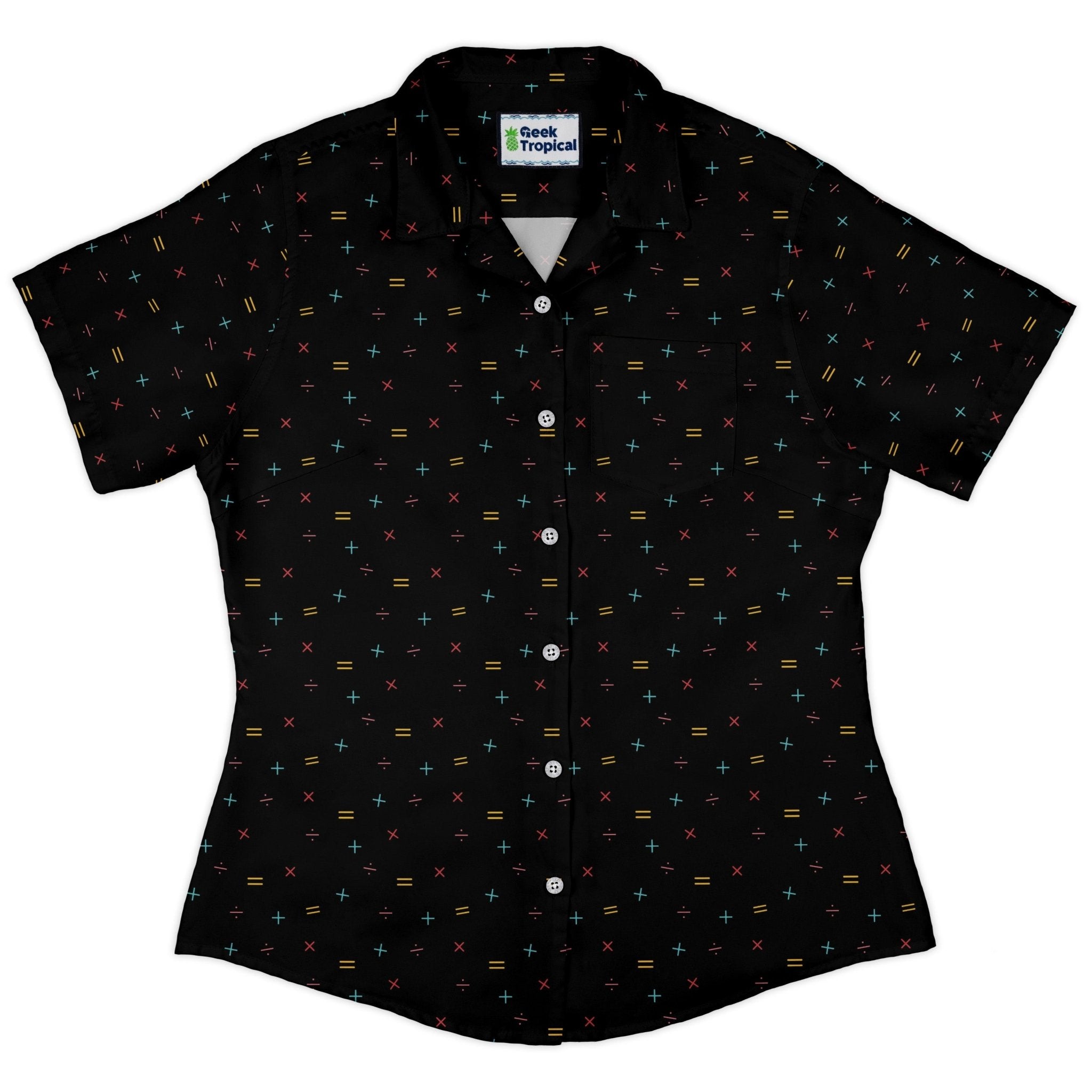 Math Symbols Black Curvy Button Up Shirt Geek Nerd mathematics print Simple Patterns women