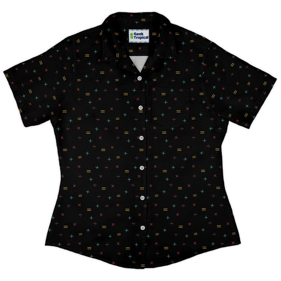 Math Symbols Black Curvy Button Up Shirt Geek Nerd mathematics print Simple Patterns women