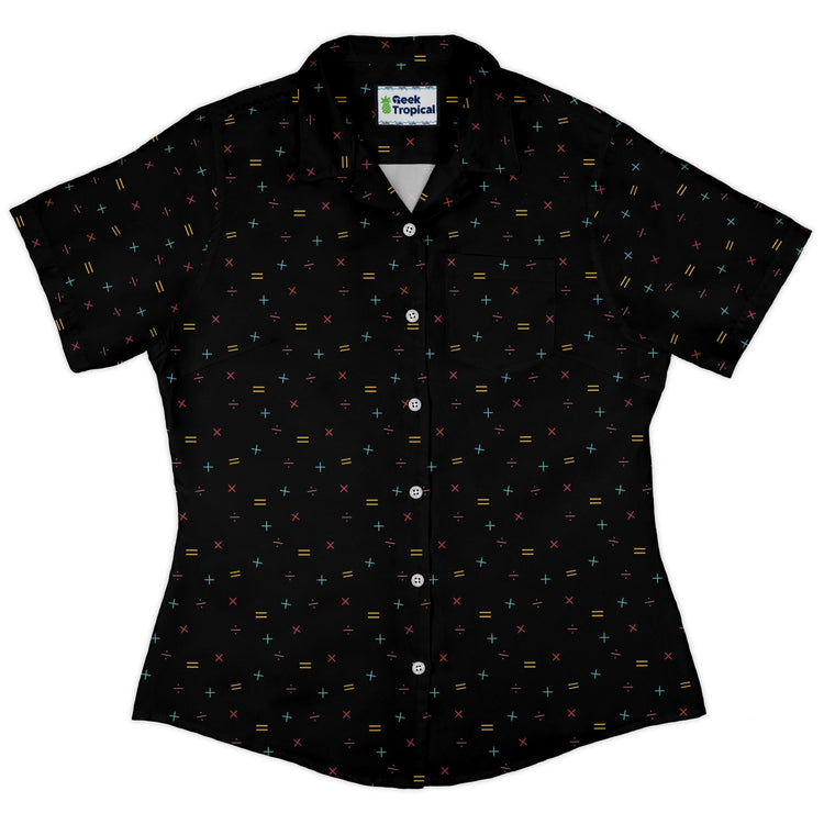 Math Symbols Black Curvy Button Up Shirt Geek Nerd mathematics print Simple Patterns women