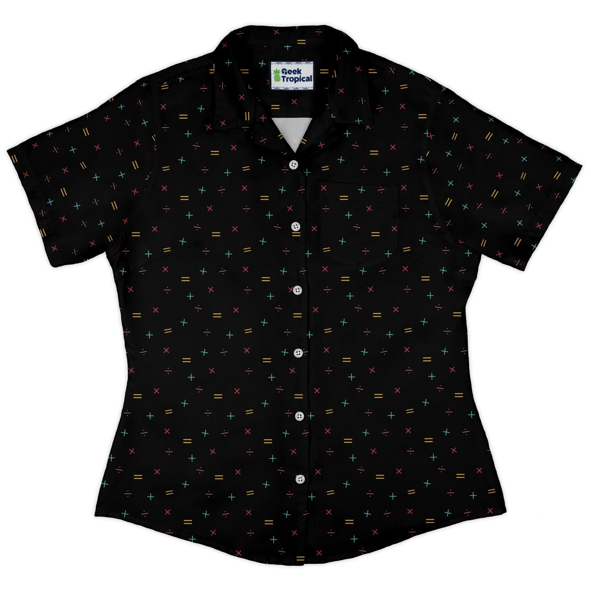 Math Symbols Black Curvy Button Up Shirt Geek Nerd mathematics print Simple Patterns women