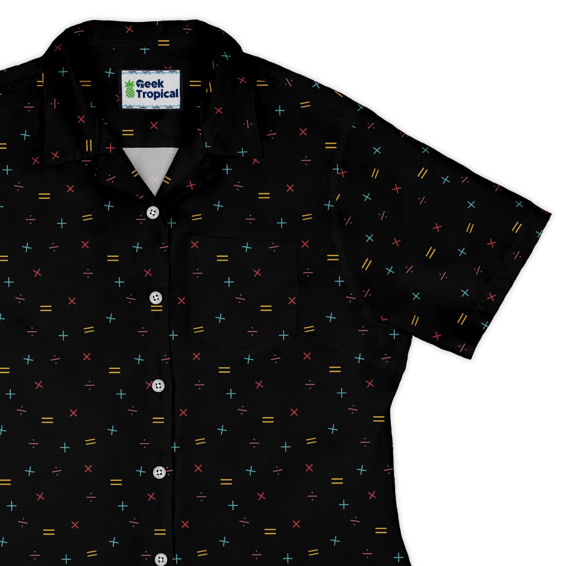 Math Symbols Black Curvy Button Up Shirt Geek Nerd mathematics print Simple Patterns women