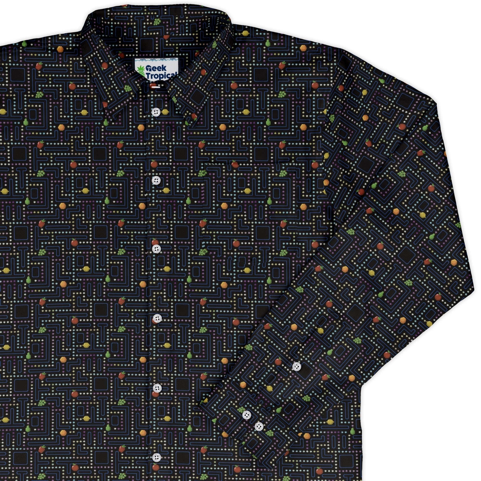 Maze Muncher Arcade Game Long Sleeve Button Up Shirt Geek Nerd adult sizing Designs by Nathan FLOW DESC WRITING