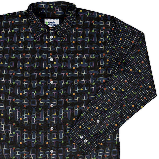 Maze Muncher Arcade Game Long Sleeve Button Up Shirt Geek Nerd adult sizing Designs by Nathan FLOW DESC WRITING