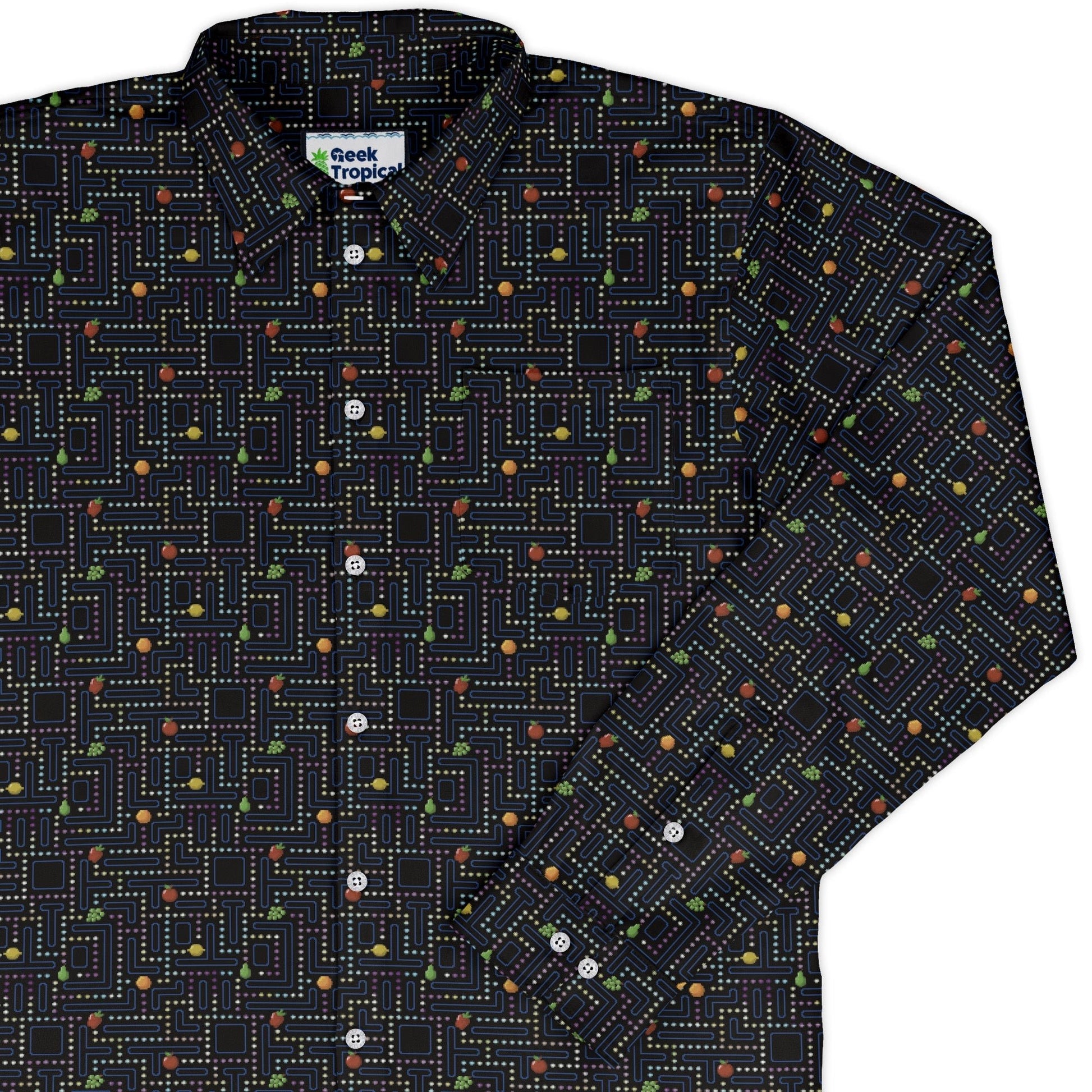 Maze Muncher Arcade Game Long Sleeve Button Up Shirt Geek Nerd adult sizing Designs by Nathan FLOW DESC WRITING