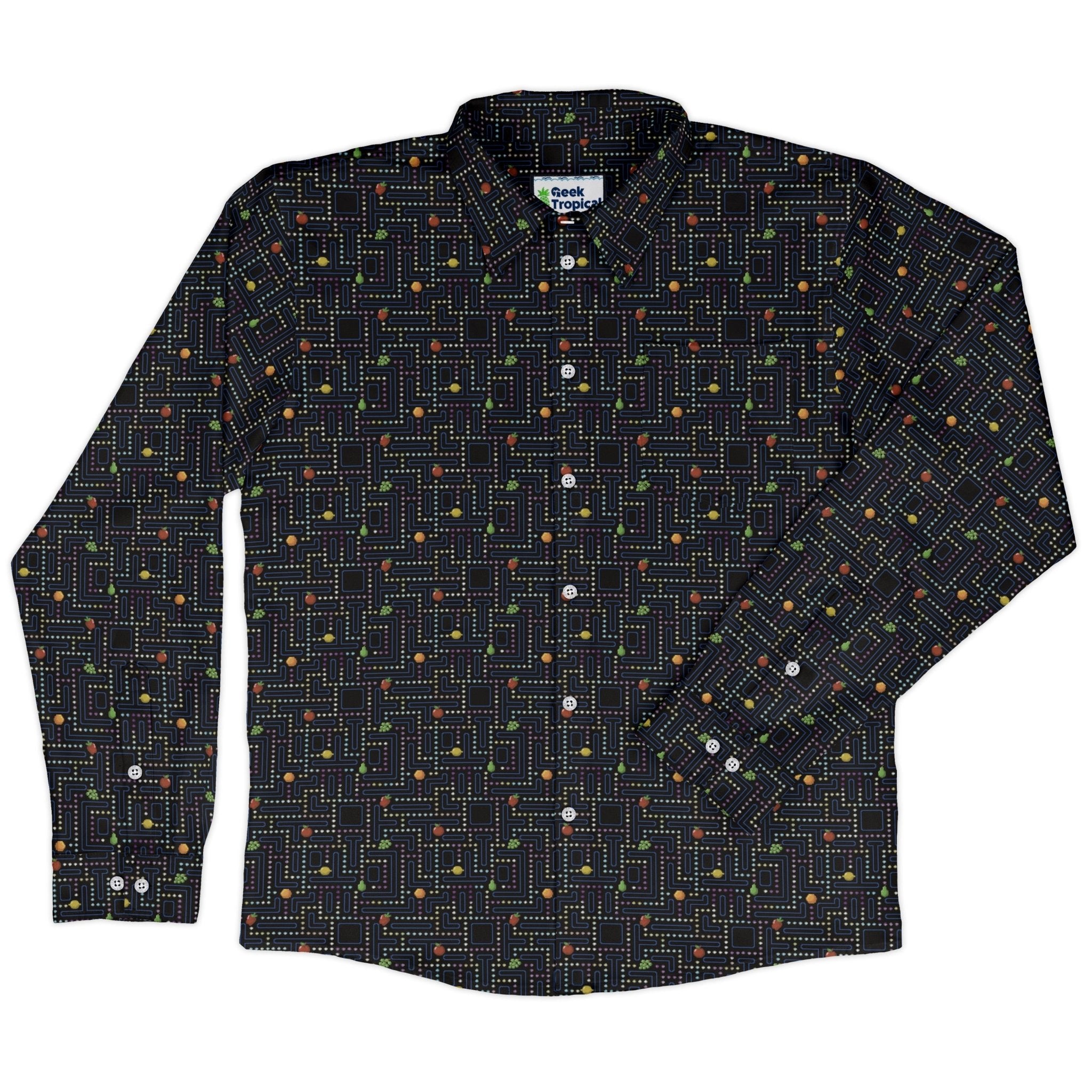 Maze Muncher Arcade Game Long Sleeve Button Up Shirt Geek Nerd adult sizing Designs by Nathan FLOW DESC WRITING