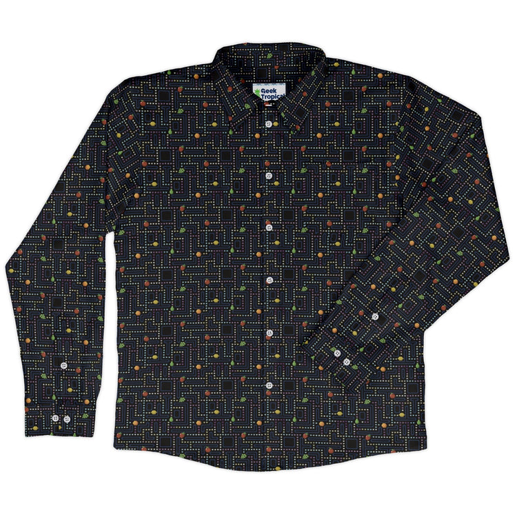 Maze Muncher Arcade Game Long Sleeve Button Up Shirt Geek Nerd adult sizing Designs by Nathan FLOW DESC WRITING