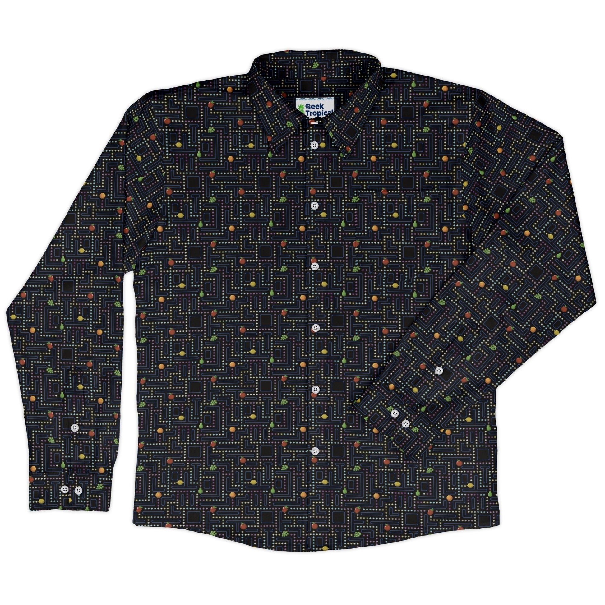 Maze Muncher Arcade Game Long Sleeve Button Up Shirt Geek Nerd adult sizing Designs by Nathan FLOW DESC WRITING
