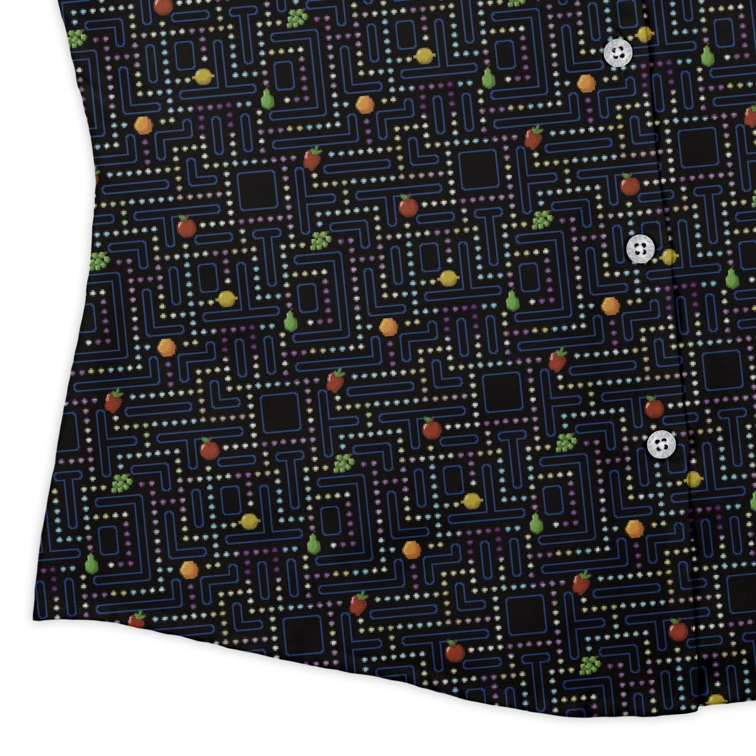 Maze Muncher Arcade Game Curvy Button Up Shirt Geek Nerd Designs by Nathan Q3 video game arcade print