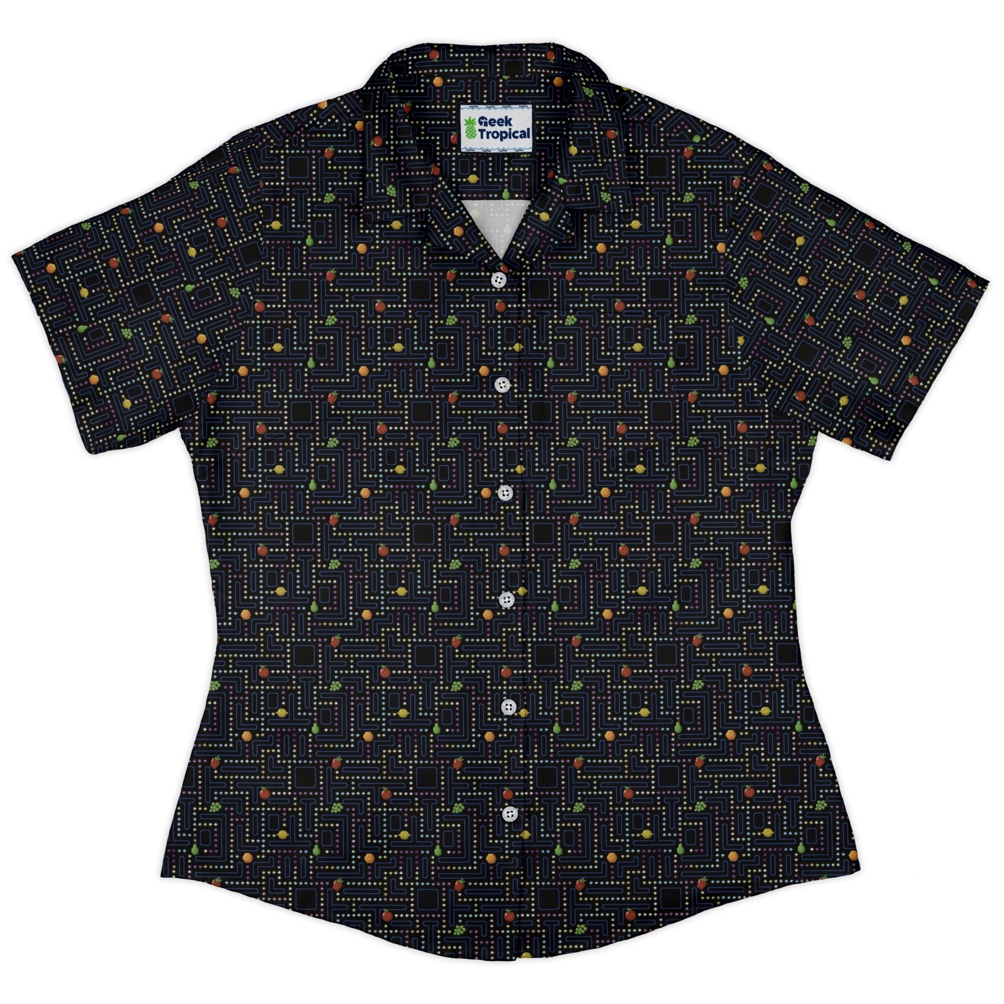Maze Muncher Arcade Game Curvy Button Up Shirt Geek Nerd Designs by Nathan Q3 video game arcade print
