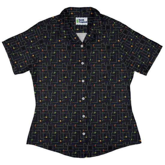 Maze Muncher Arcade Game Curvy Button Up Shirt Geek Nerd Designs by Nathan Q3 video game arcade print