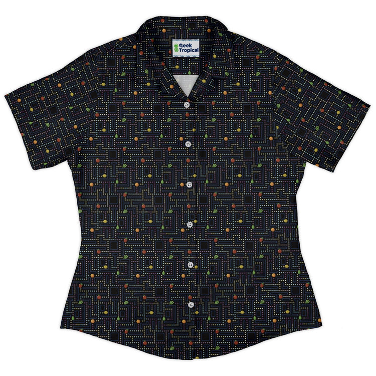 Maze Muncher Arcade Game Curvy Button Up Shirt Geek Nerd Designs by Nathan Q3 video game arcade print
