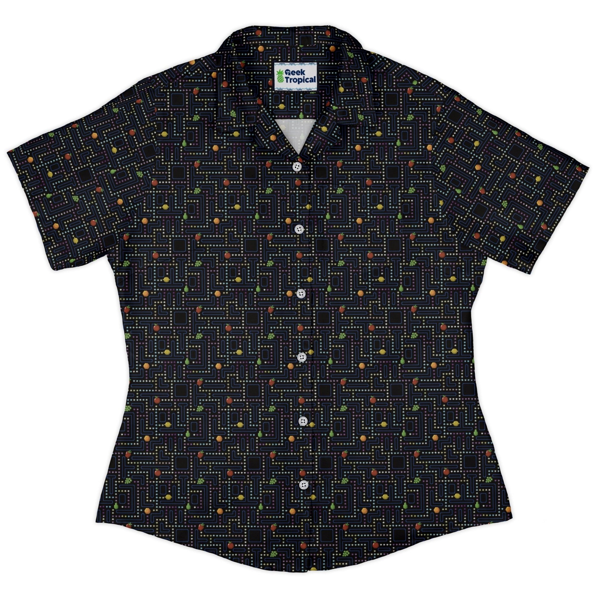 Maze Muncher Arcade Game Curvy Button Up Shirt Geek Nerd Designs by Nathan Q3 video game arcade print
