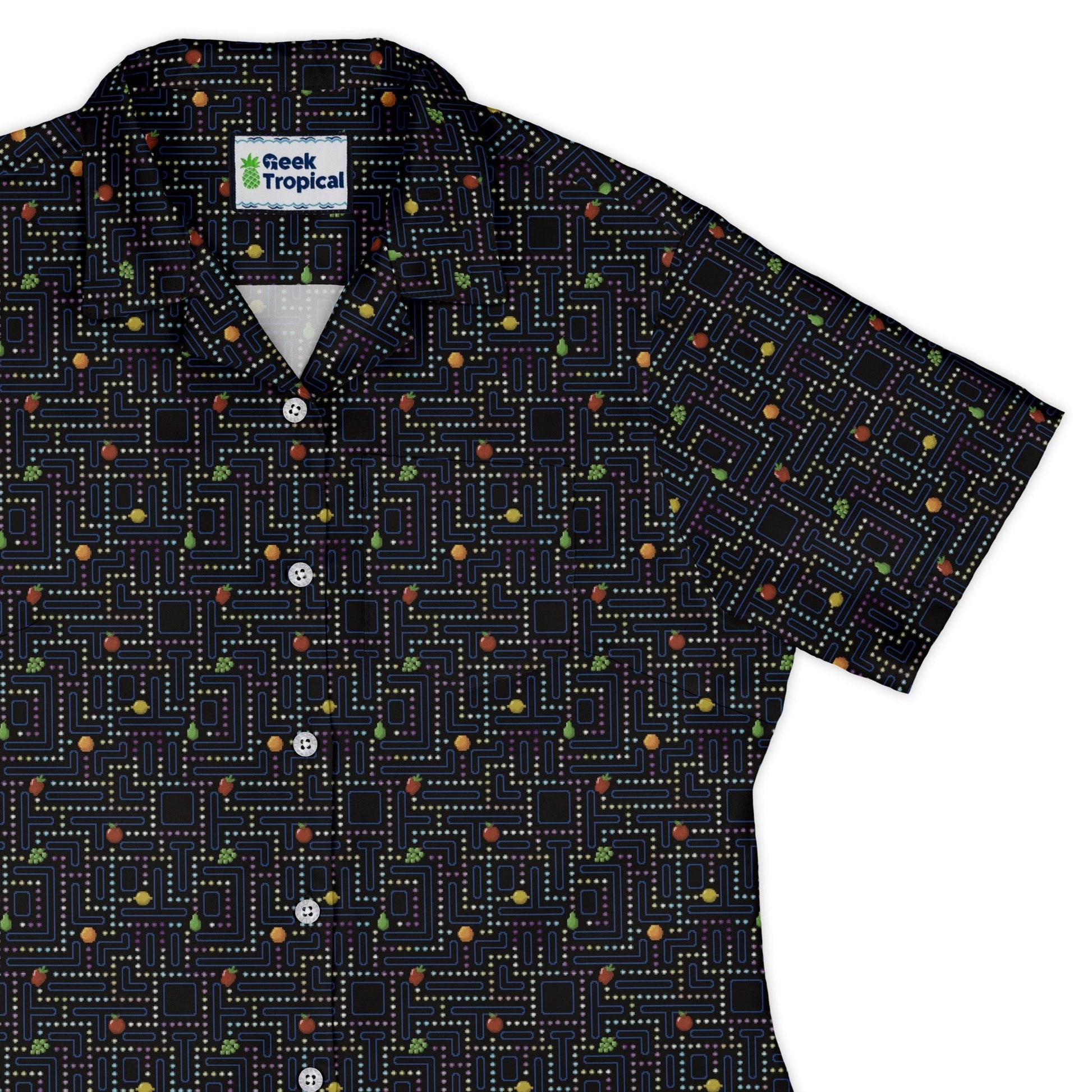 Maze Muncher Arcade Game Curvy Button Up Shirt Geek Nerd Designs by Nathan Q3 video game arcade print