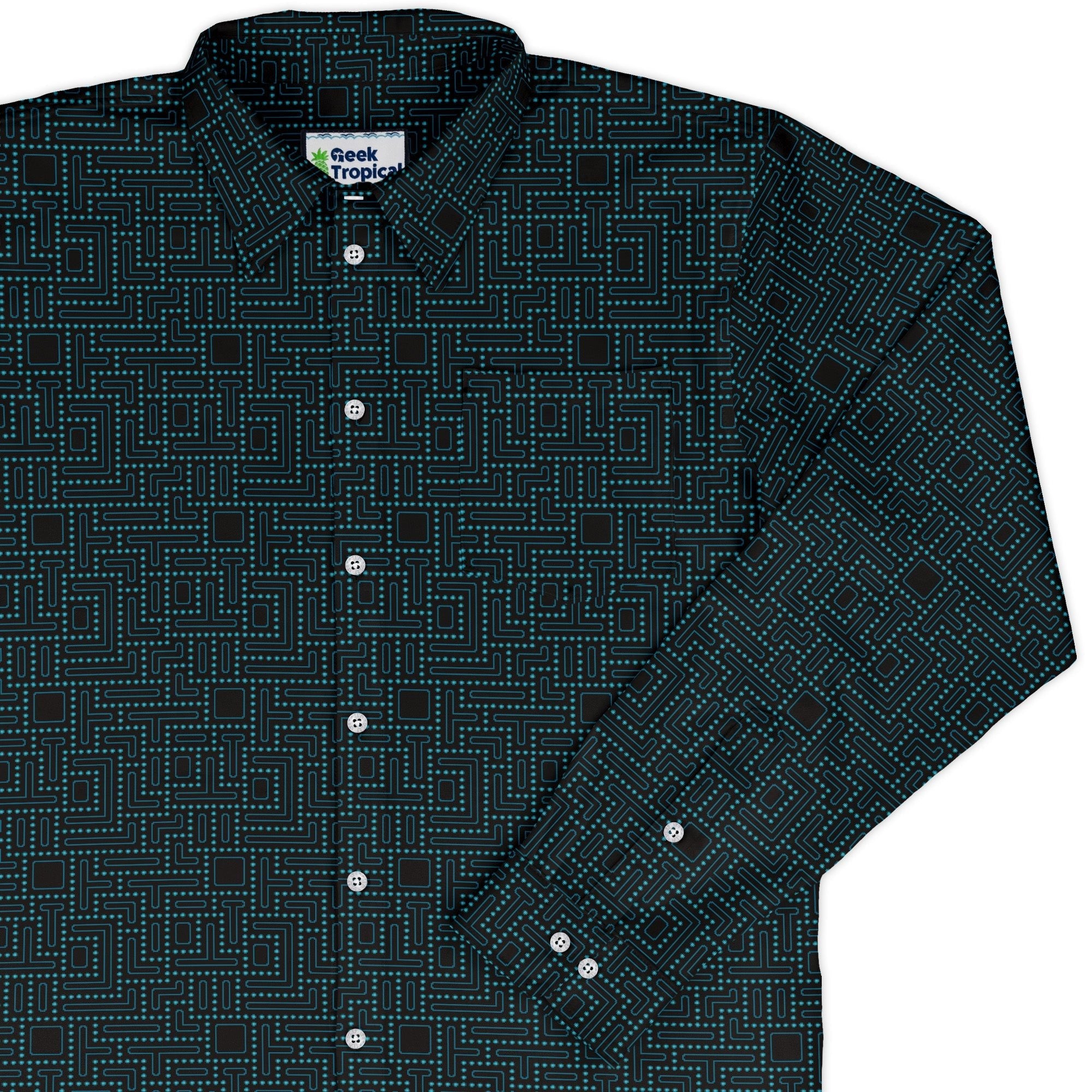 Maze Runner Neon Arcade Game Long Sleeve Button Up Shirt Geek Nerd adult sizing Designs by Nathan FLOW DESC WRITING