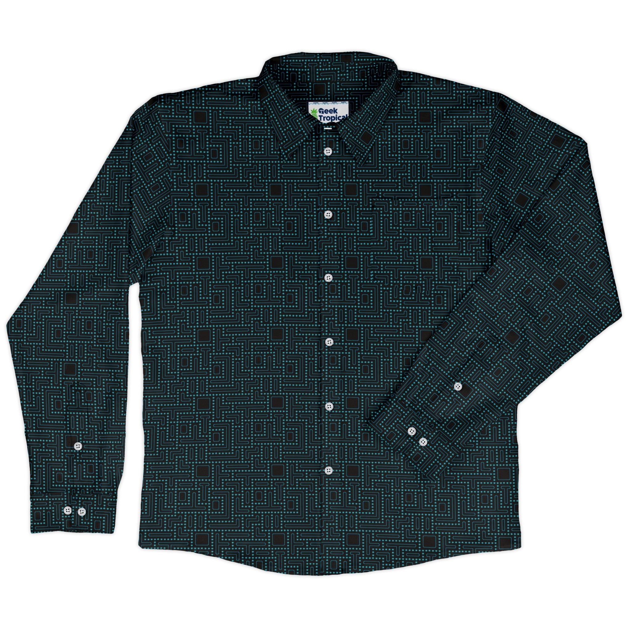 Maze Runner Neon Arcade Game Long Sleeve Button Up Shirt Geek Nerd adult sizing Designs by Nathan FLOW DESC WRITING