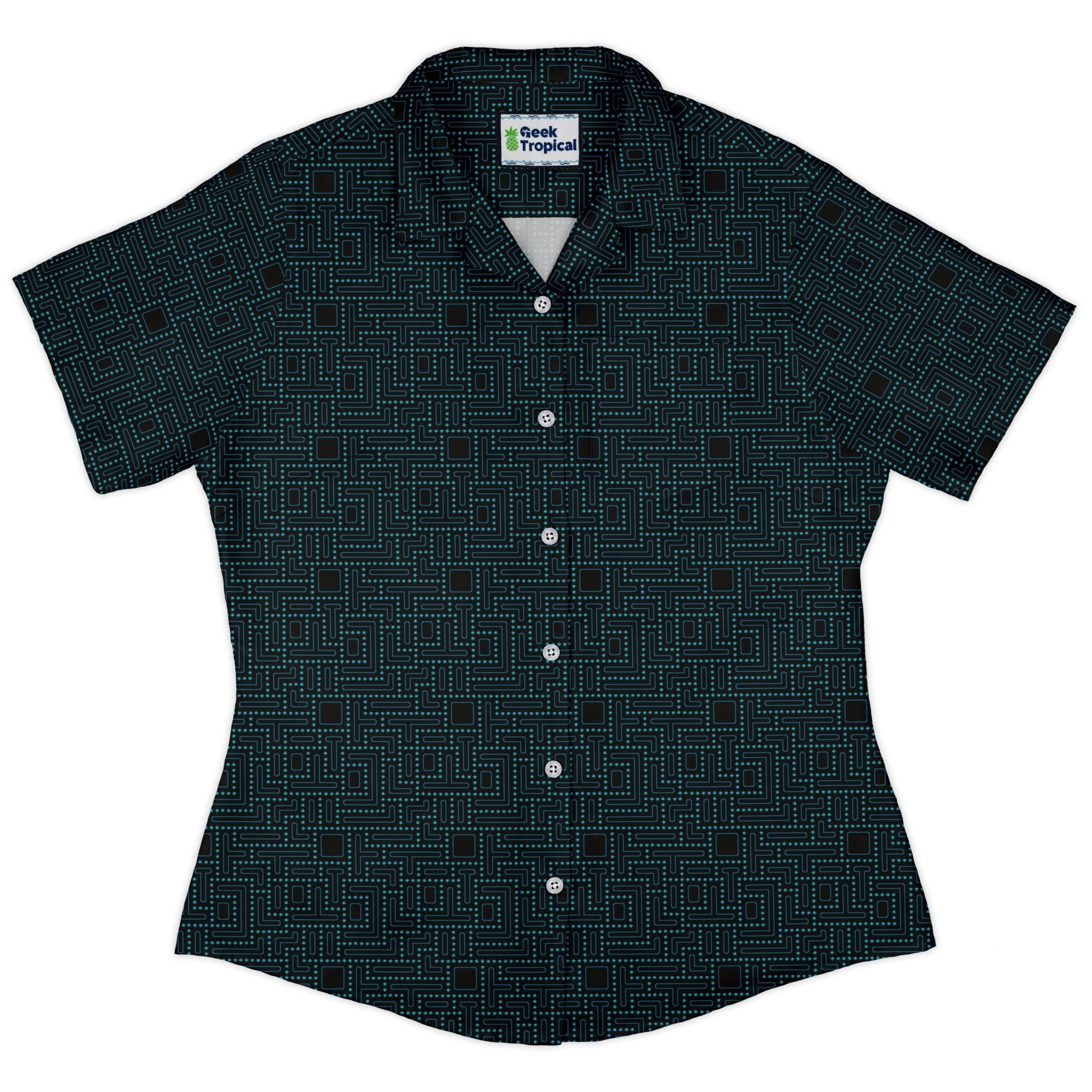 Maze Runner Neon Arcade Game Curvy Button Up Shirt Geek Nerd Designs by Nathan Q3 video game arcade print