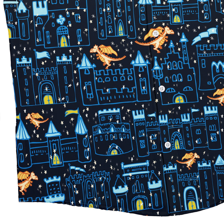 Medieval City Dragon Button Up Shirt Geek Nerd adult sizing Design by Zirkus Design fantasy prints