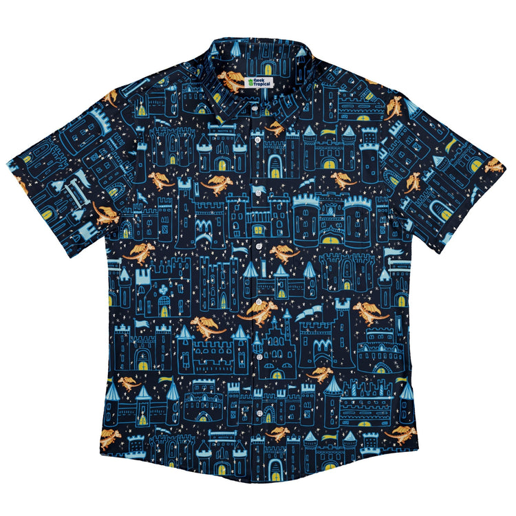 Medieval City Dragon Button Up Shirt Geek Nerd adult sizing Design by Zirkus Design fantasy prints