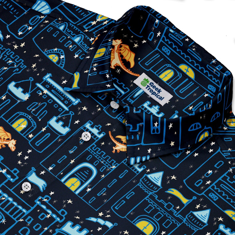 Medieval City Dragon Button Up Shirt Geek Nerd adult sizing Design by Zirkus Design fantasy prints