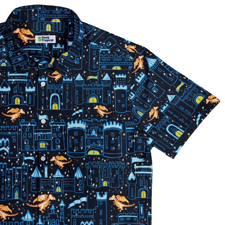 Medieval City Dragon Button Up Shirt Geek Nerd adult sizing Design by Zirkus Design fantasy prints