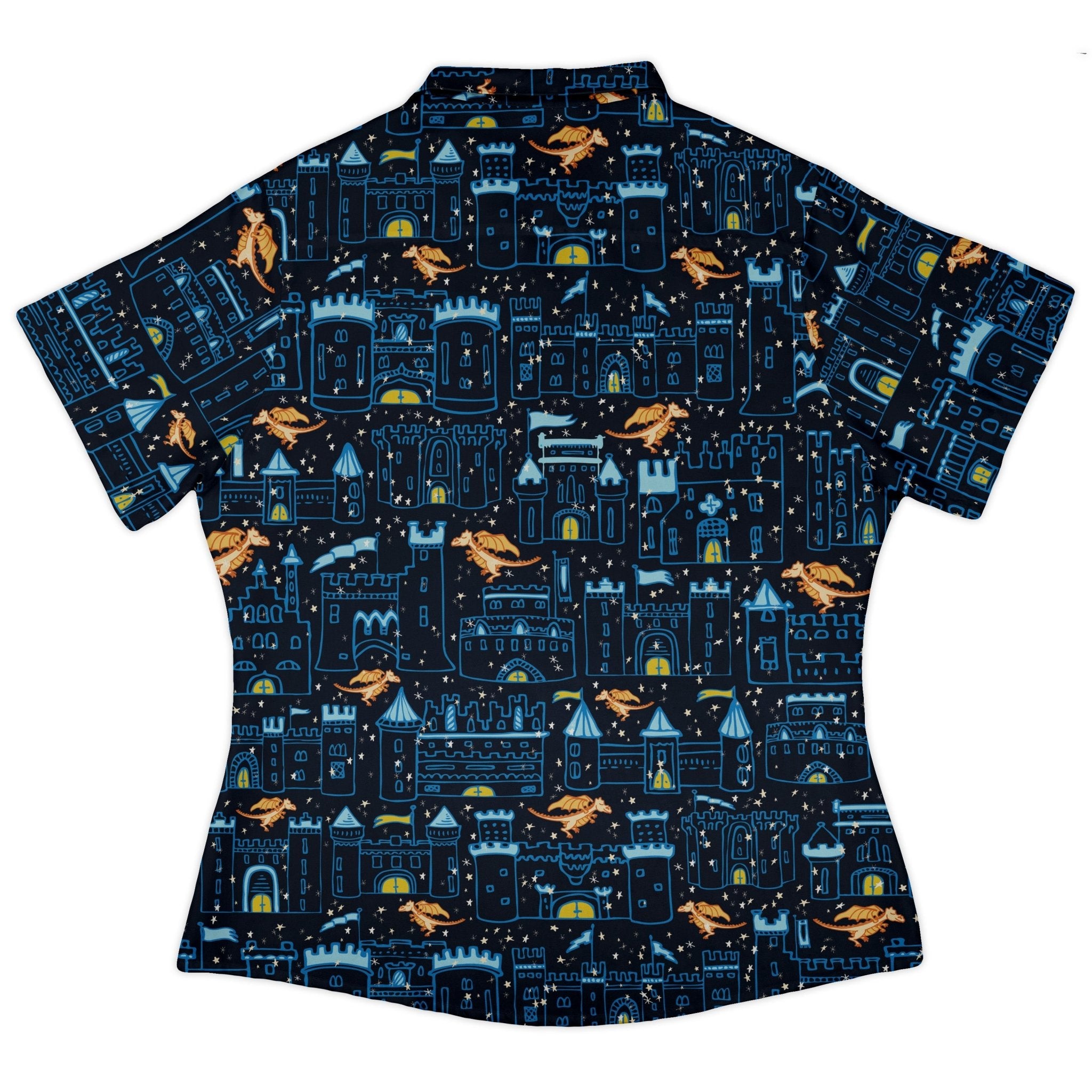 Medieval City Dragon Curvy Button Up Shirt Geek Nerd Design by Zirkus Design fantasy prints q225