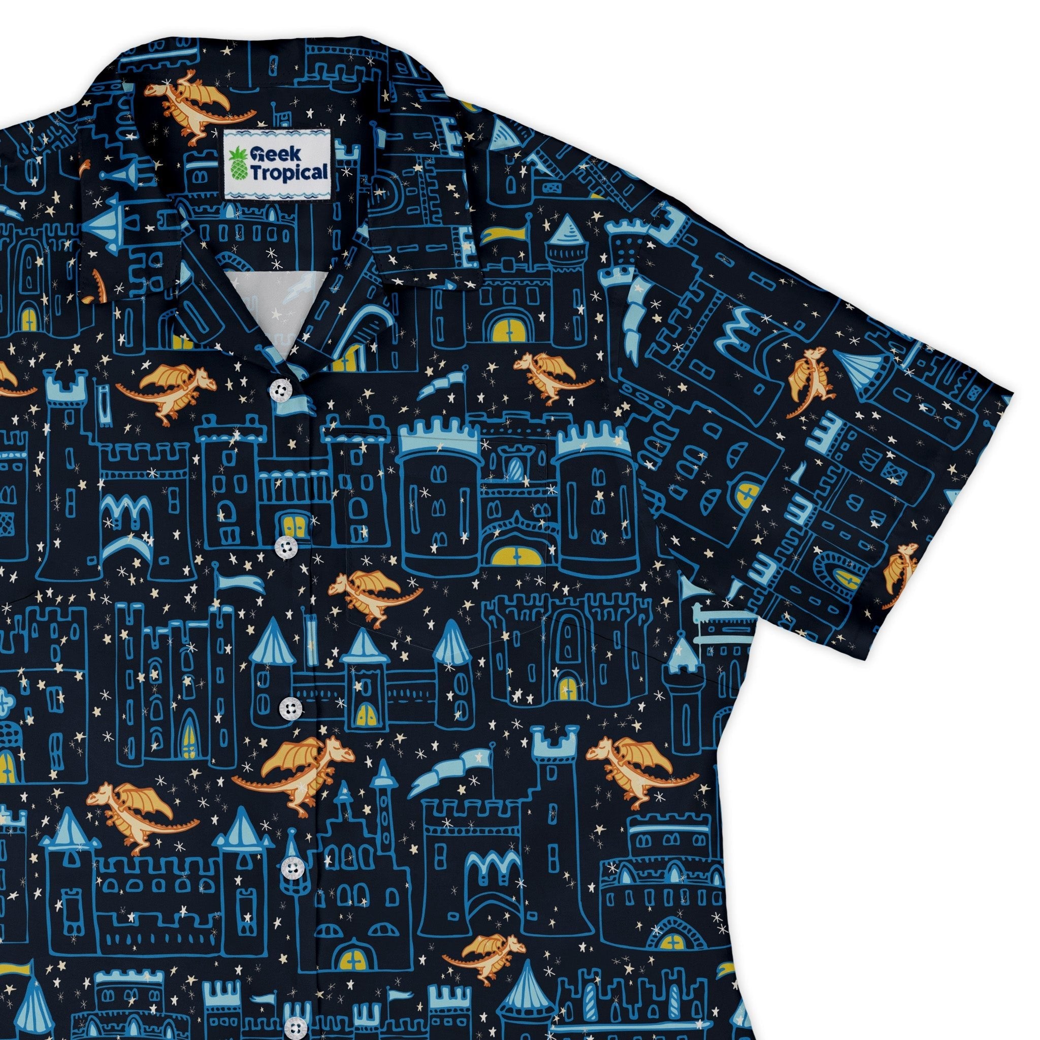 Medieval City Dragon Curvy Button Up Shirt Geek Nerd Design by Zirkus Design fantasy prints q225