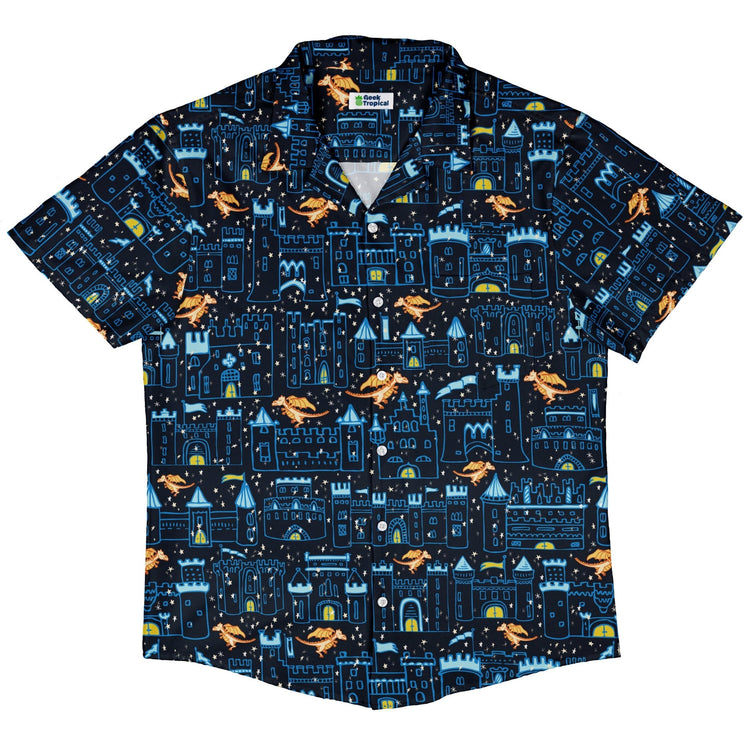 Medieval City Dragon Button Up Shirt Geek Nerd adult sizing Design by Zirkus Design fantasy prints