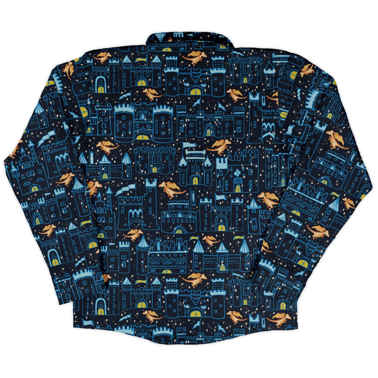 Medieval City Dragon Long Sleeve Button Up Shirt Geek Nerd adult sizing Design by Zirkus Design fantasy prints