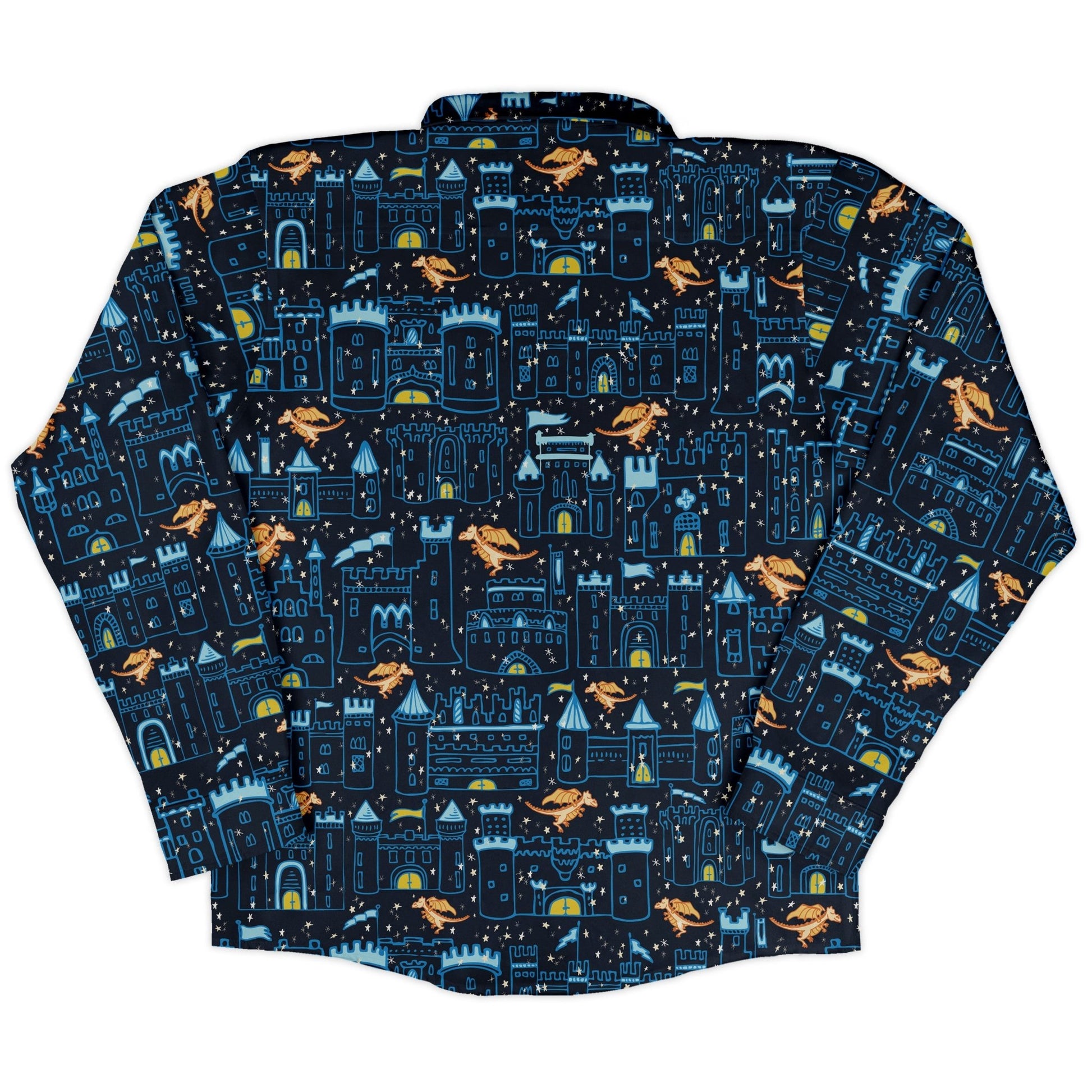 Medieval City Dragon Long Sleeve Button Up Shirt Geek Nerd adult sizing Design by Zirkus Design fantasy prints