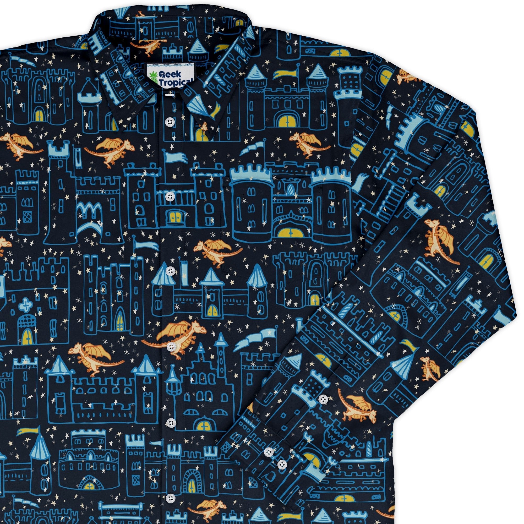 Medieval City Dragon Long Sleeve Button Up Shirt Geek Nerd adult sizing Design by Zirkus Design fantasy prints