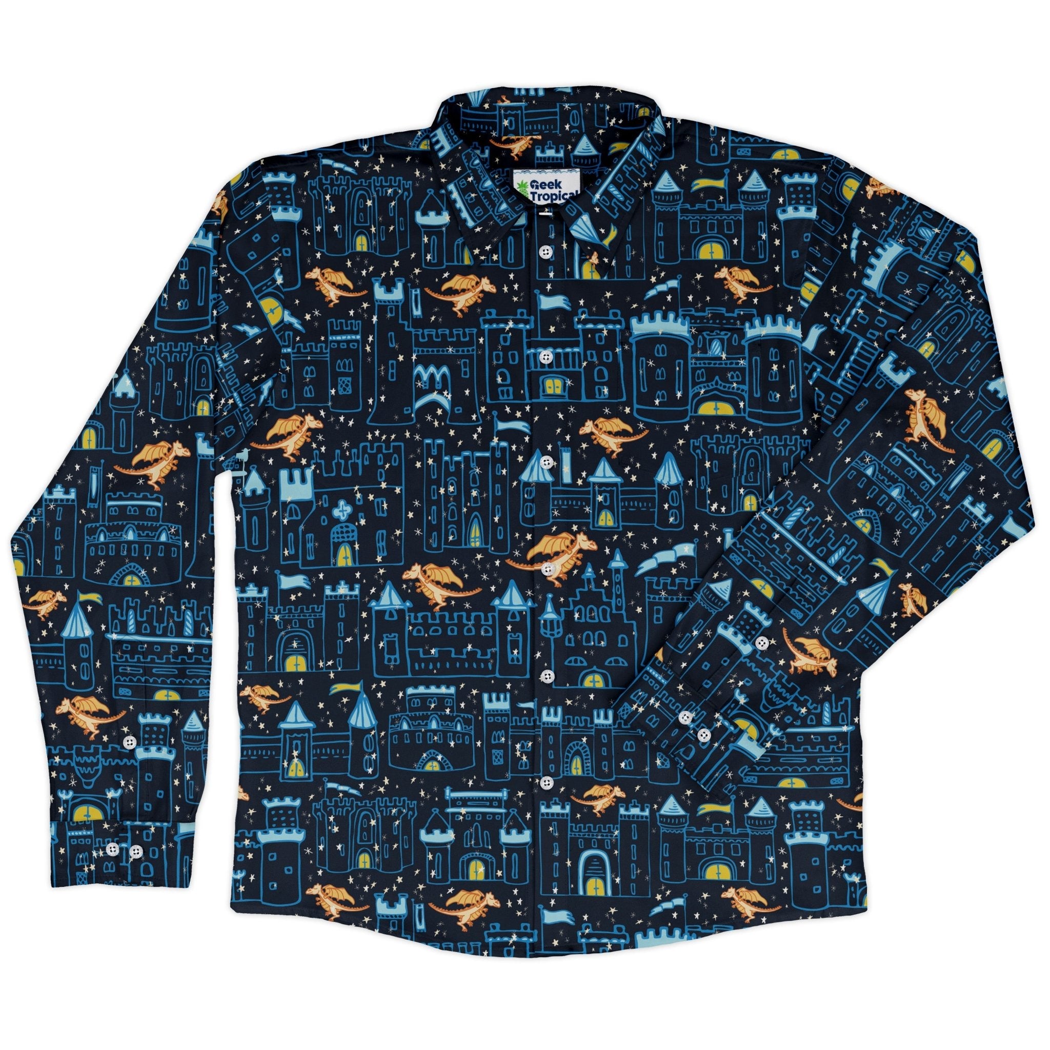 Medieval City Dragon Long Sleeve Button Up Shirt Geek Nerd adult sizing Design by Zirkus Design fantasy prints
