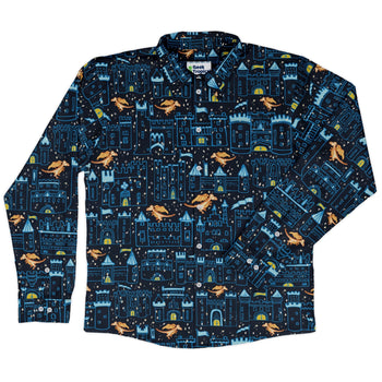 Medieval City Dragon Long Sleeve Button Up Shirt Geek Nerd adult sizing Design by Zirkus Design fantasy prints