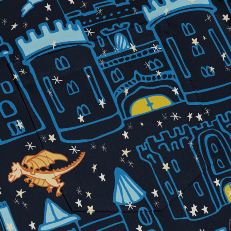 Medieval City Dragon Long Sleeve Button Up Shirt Geek Nerd adult sizing Design by Zirkus Design fantasy prints