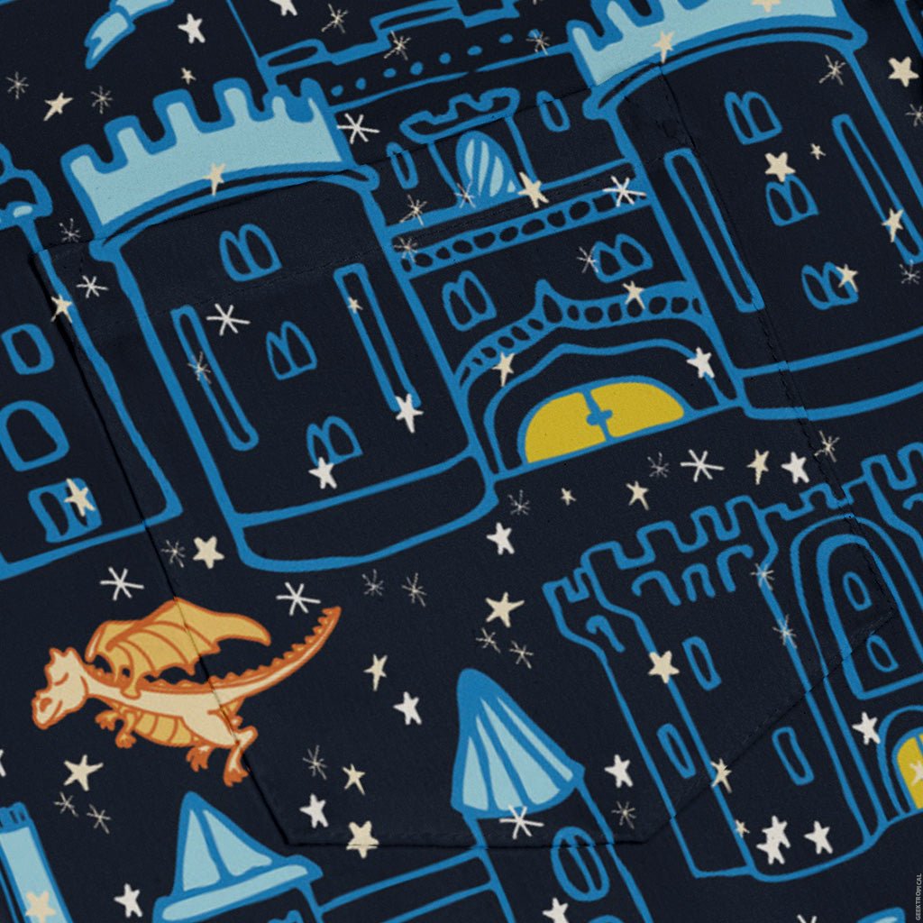 Medieval City Dragon Long Sleeve Button Up Shirt Geek Nerd adult sizing Design by Zirkus Design fantasy prints