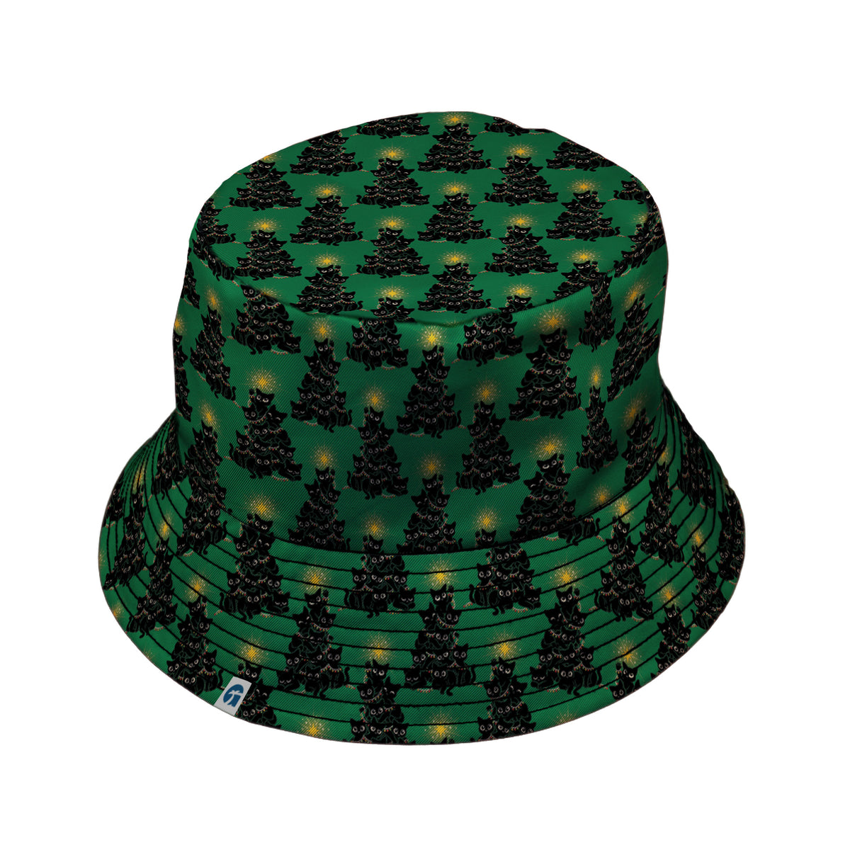 Meowy Christmas Tree Green Bucket Hat Black Stitching