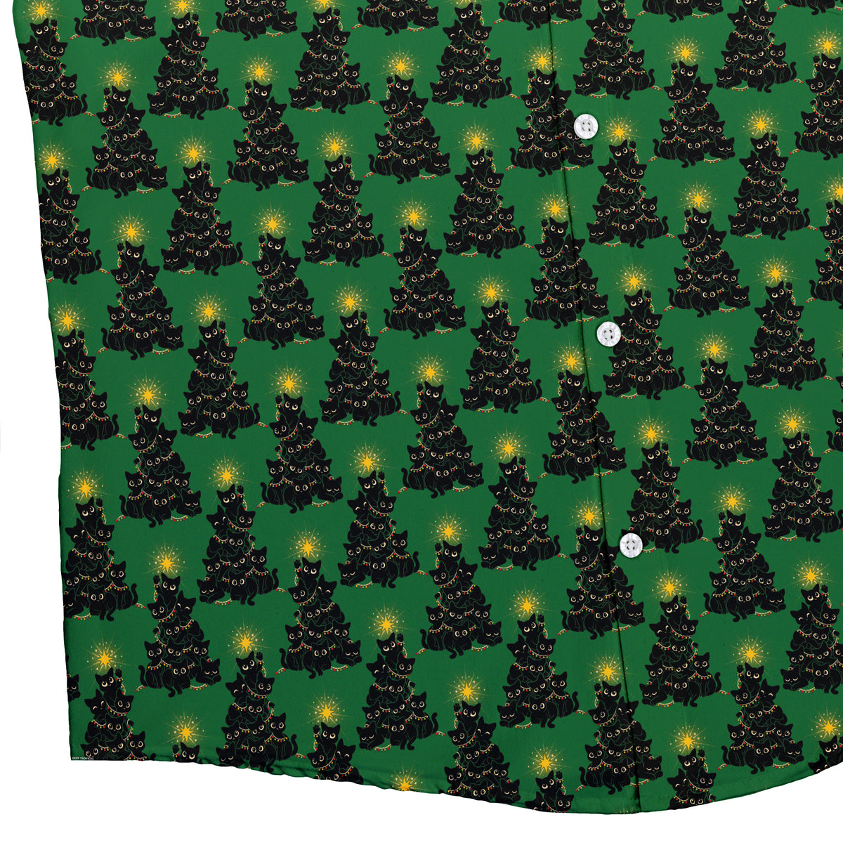 Meowy Christmas Tree Green Button Up Shirt Bottom Corner