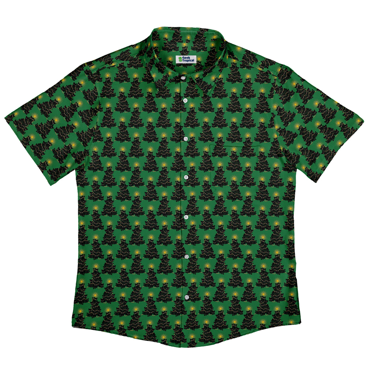 Meowy Christmas Tree Green Button Up Shirt Flat Front