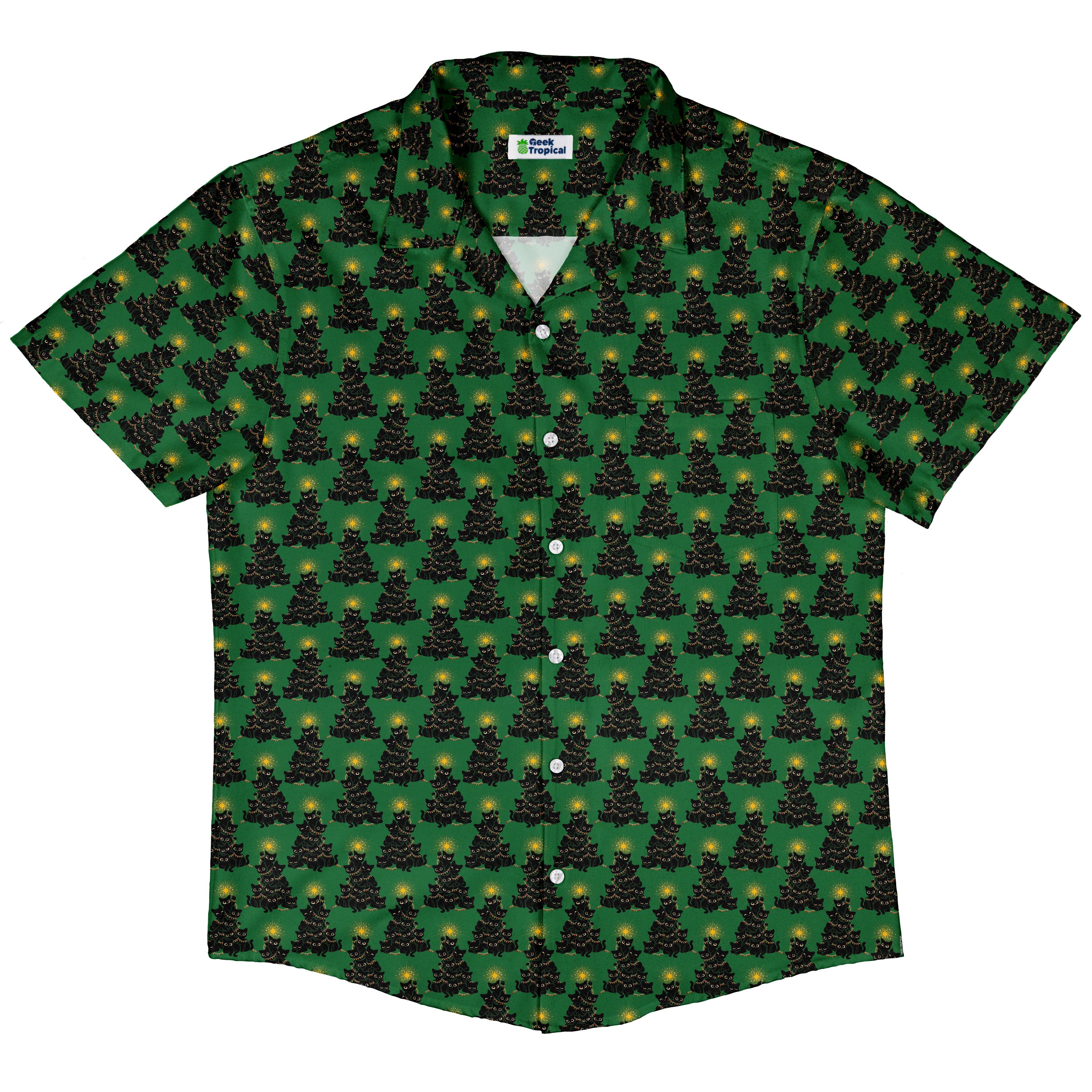 Meowy Christmas Tree Green Button Up Shirt Hawaiian Front