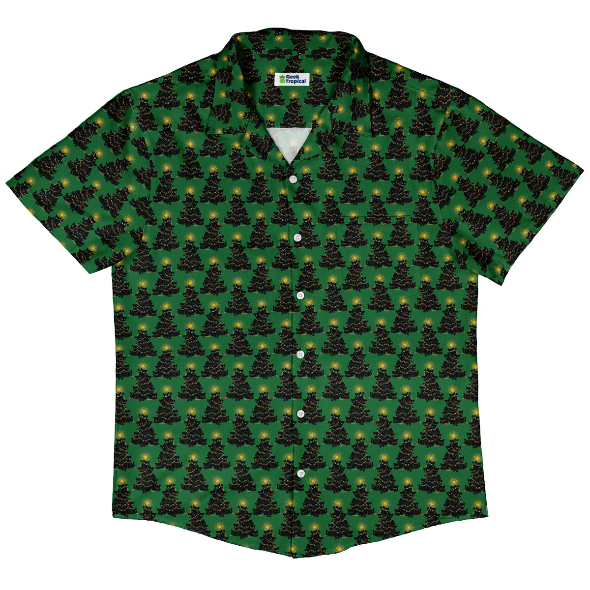 Meowy Christmas Tree Green Button Up Shirt Hawaiian Front