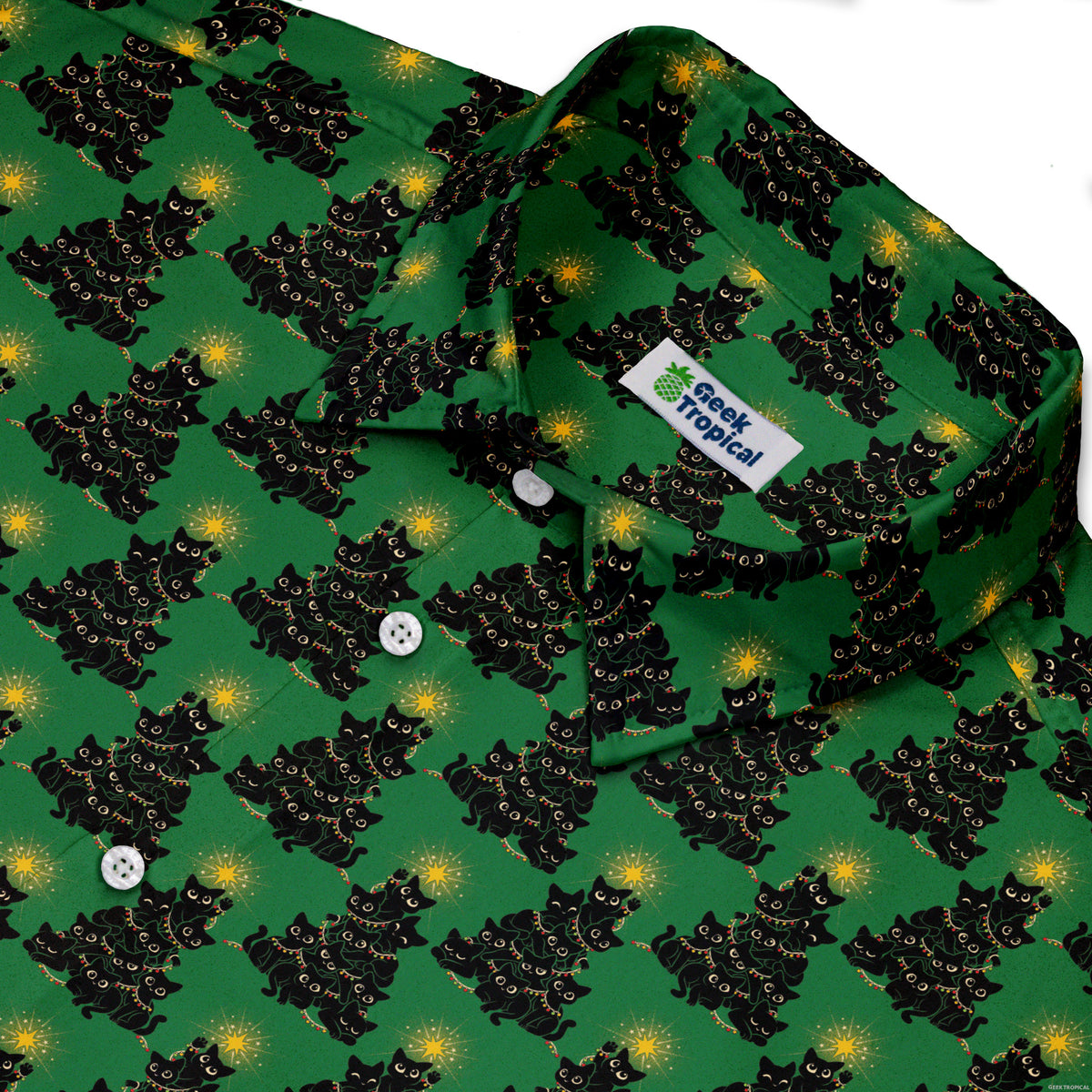 Meowy Christmas Tree Green Button Up Shirt Neck