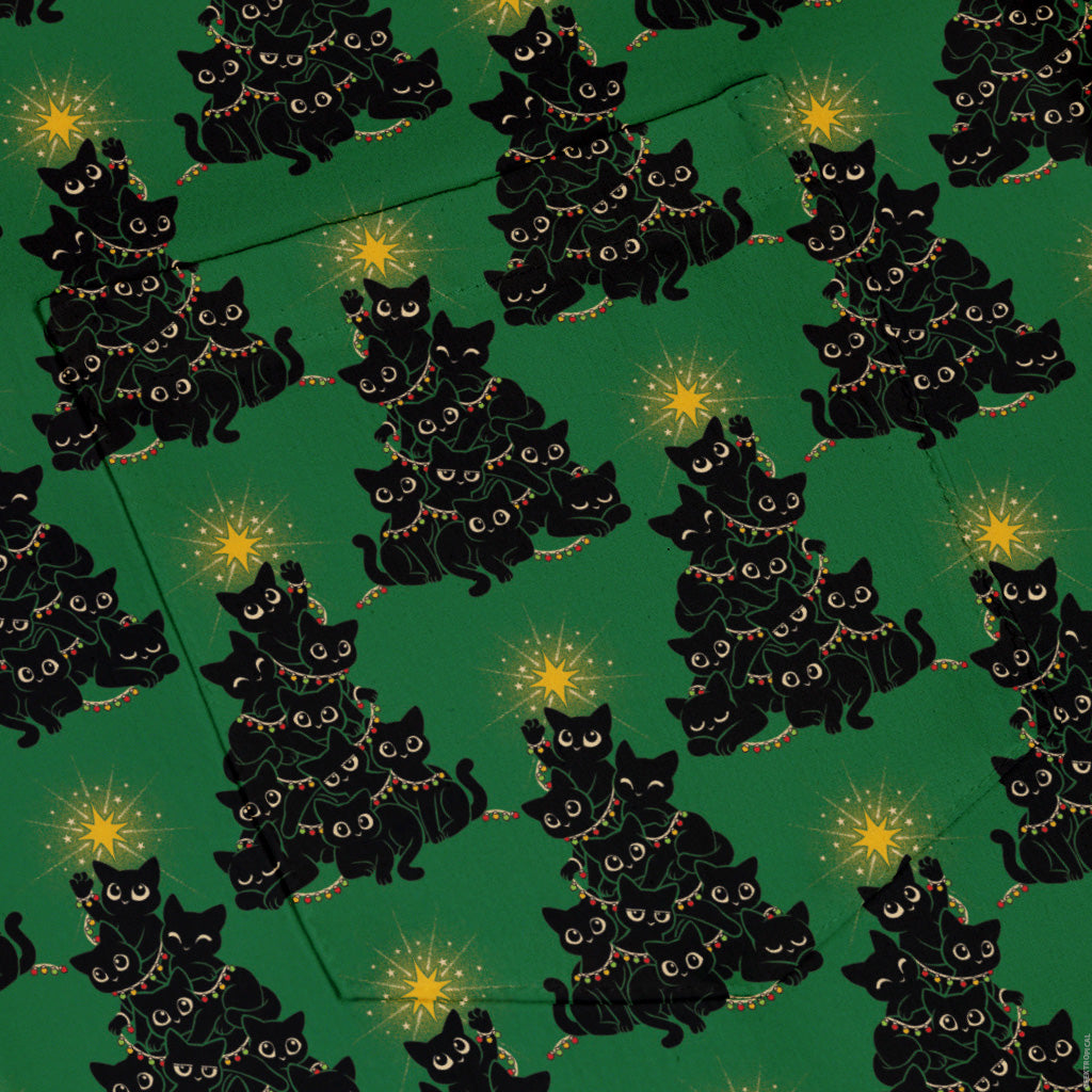 Meowy Christmas Tree Green Button Up Shirt Pocket