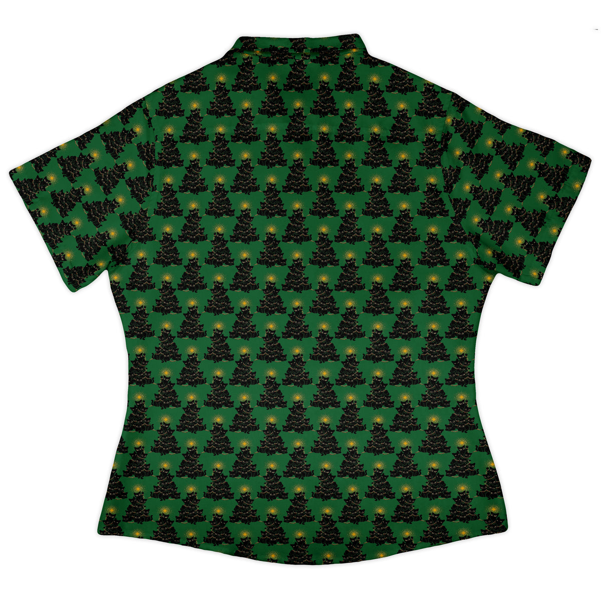Meowy Christmas Tree Green Curvy Button Up Shirt womens back