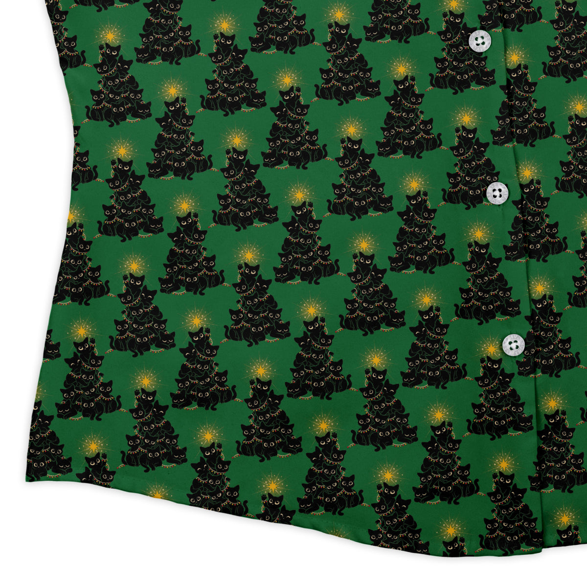 Meowy Christmas Tree Green Curvy Button Up Shirt womens corner