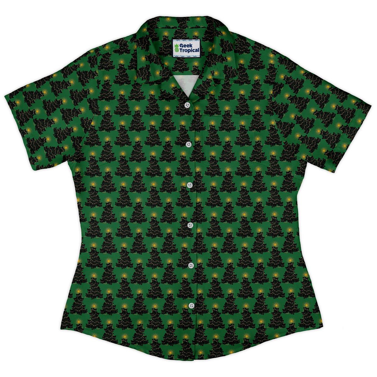 Meowy Christmas Tree Green Curvy Button Up Shirt womens front