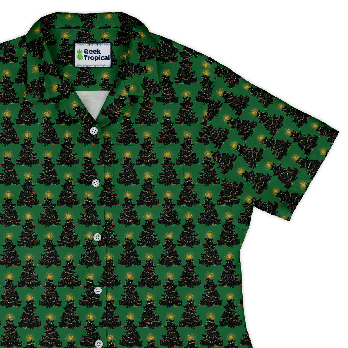 Meowy Christmas Tree Green Curvy Button Up Shirt womens top right