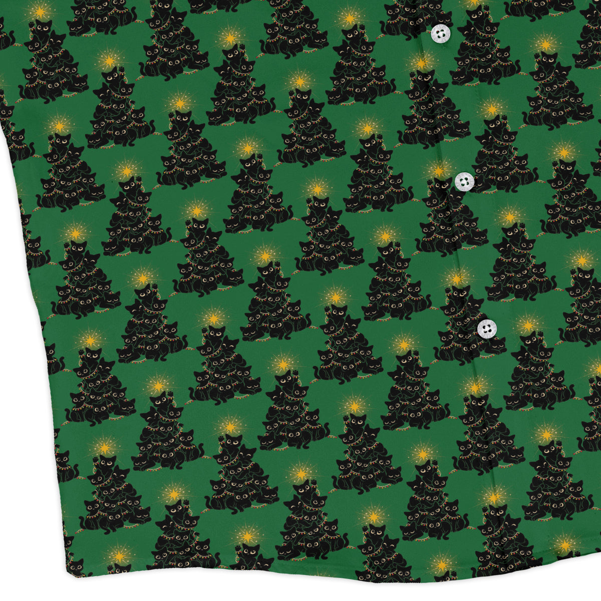 Meowy Christmas Tree Green Long Sleeve Button Up Shirt corner